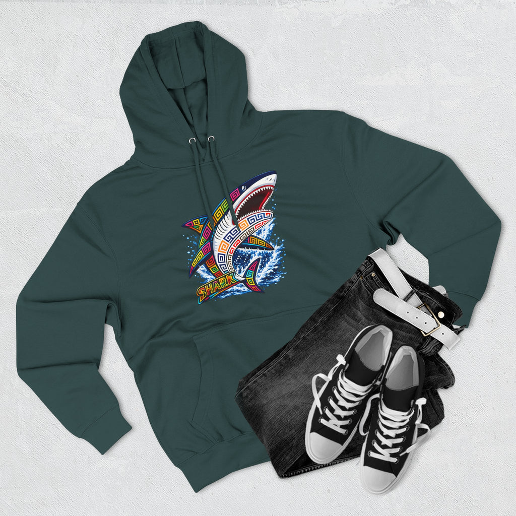 Shark Graphic Hoodie — Colorful Tribal Surf Shark Fleece Pullover