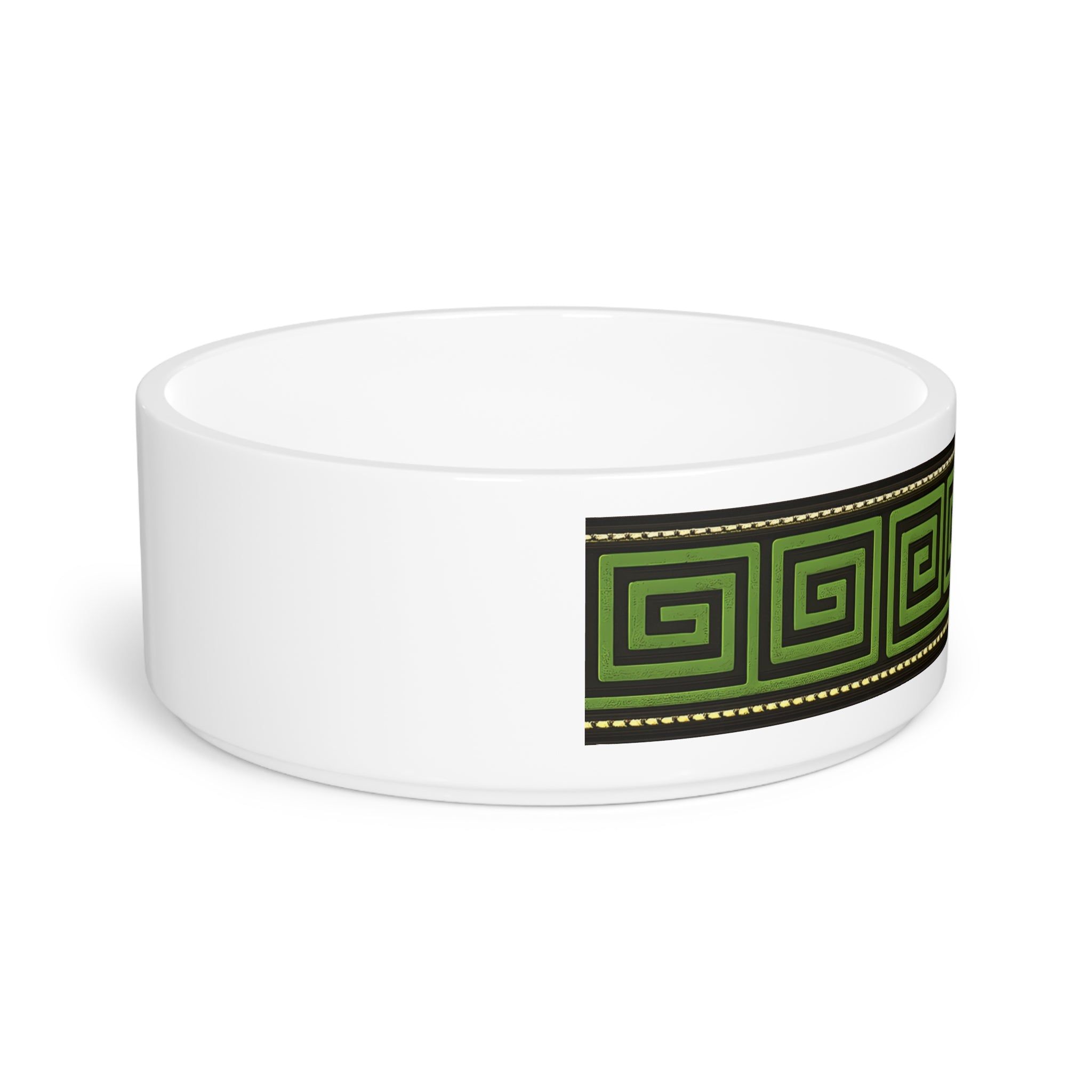 Greek Key Pet Bowl — Green Geometric Ceramic Dog & Cat Dish