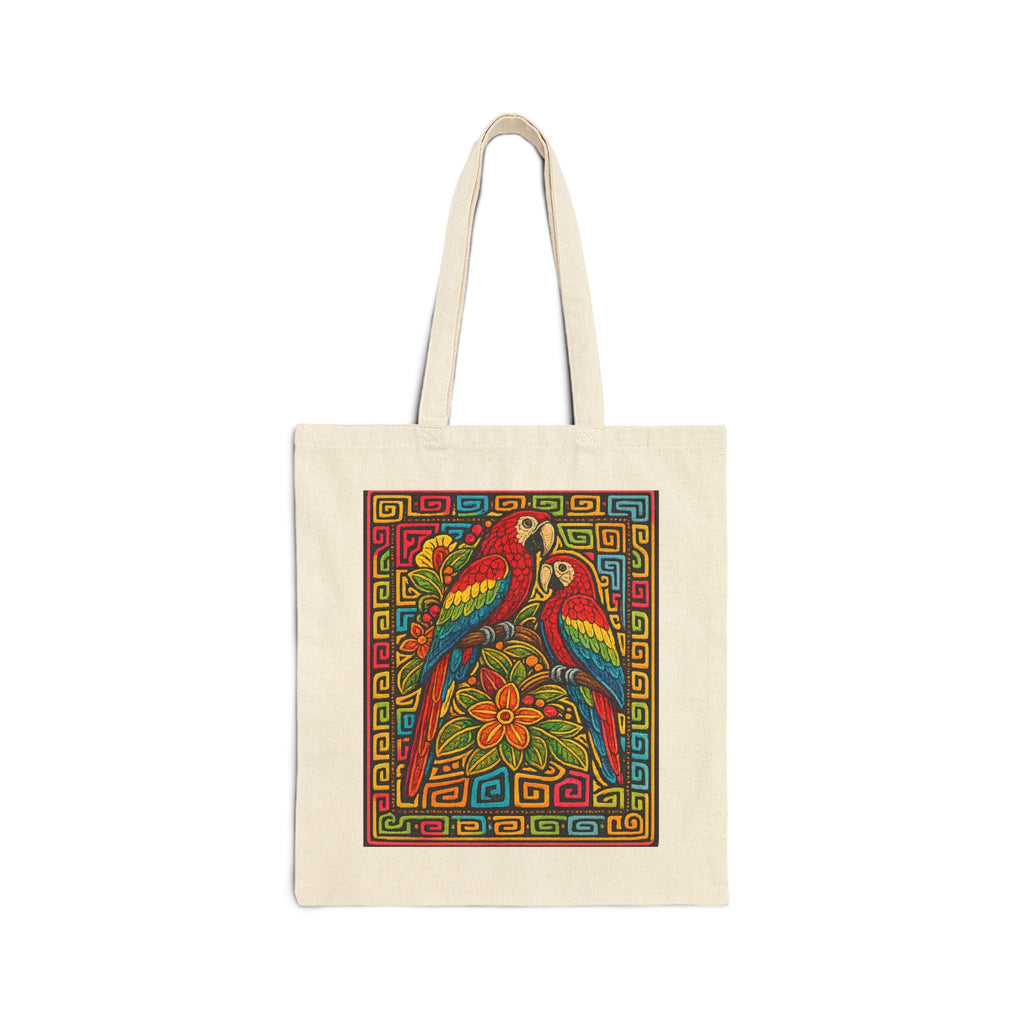 Canvas Tote Bag — Colorful Parrot Floral Print, Boho Tropical Market Bag