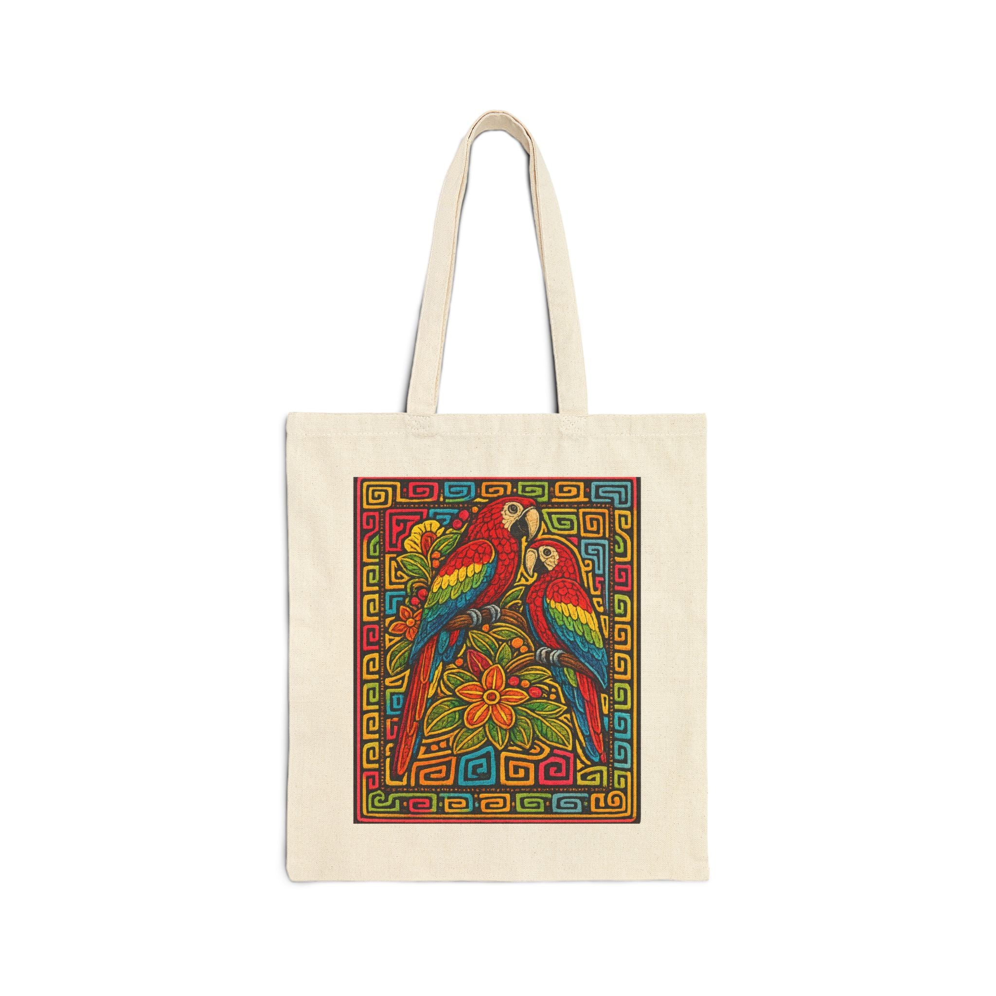 Canvas Tote Bag — Colorful Parrot Floral Print, Boho Tropical Market Bag