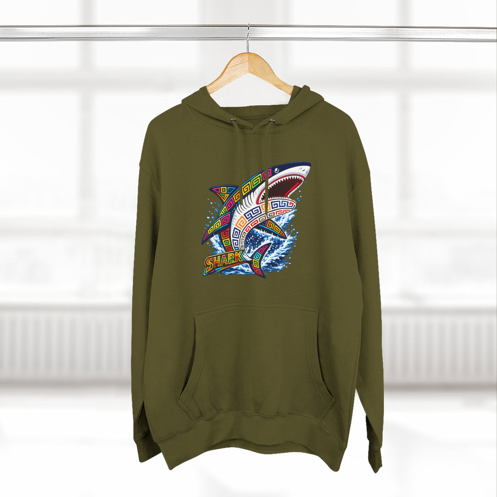 Shark Graphic Hoodie — Colorful Tribal Surf Shark Fleece Pullover