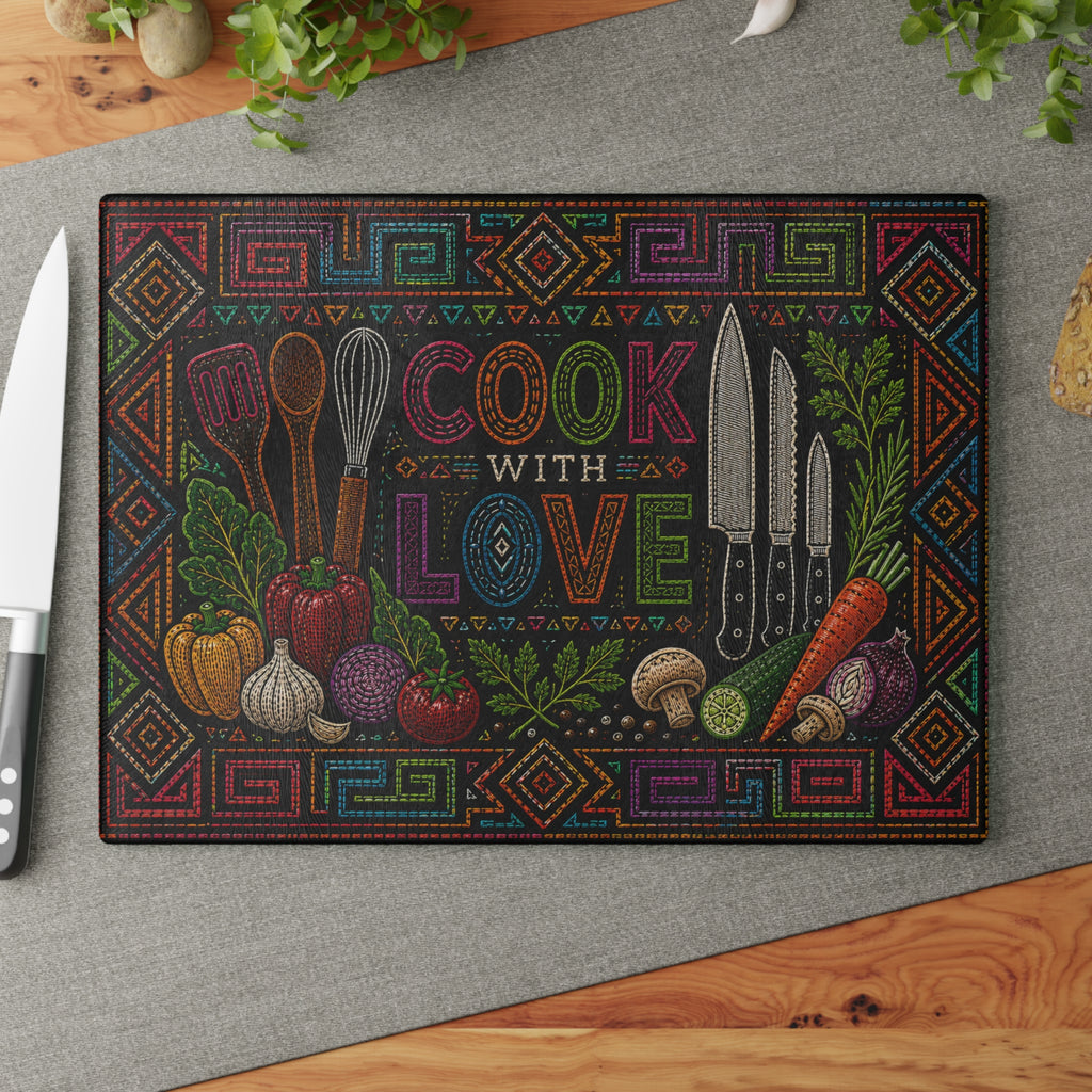 Cook With Love Glass Cutting Board — Colorful Kitchen Knife & Veggie Chopping Board