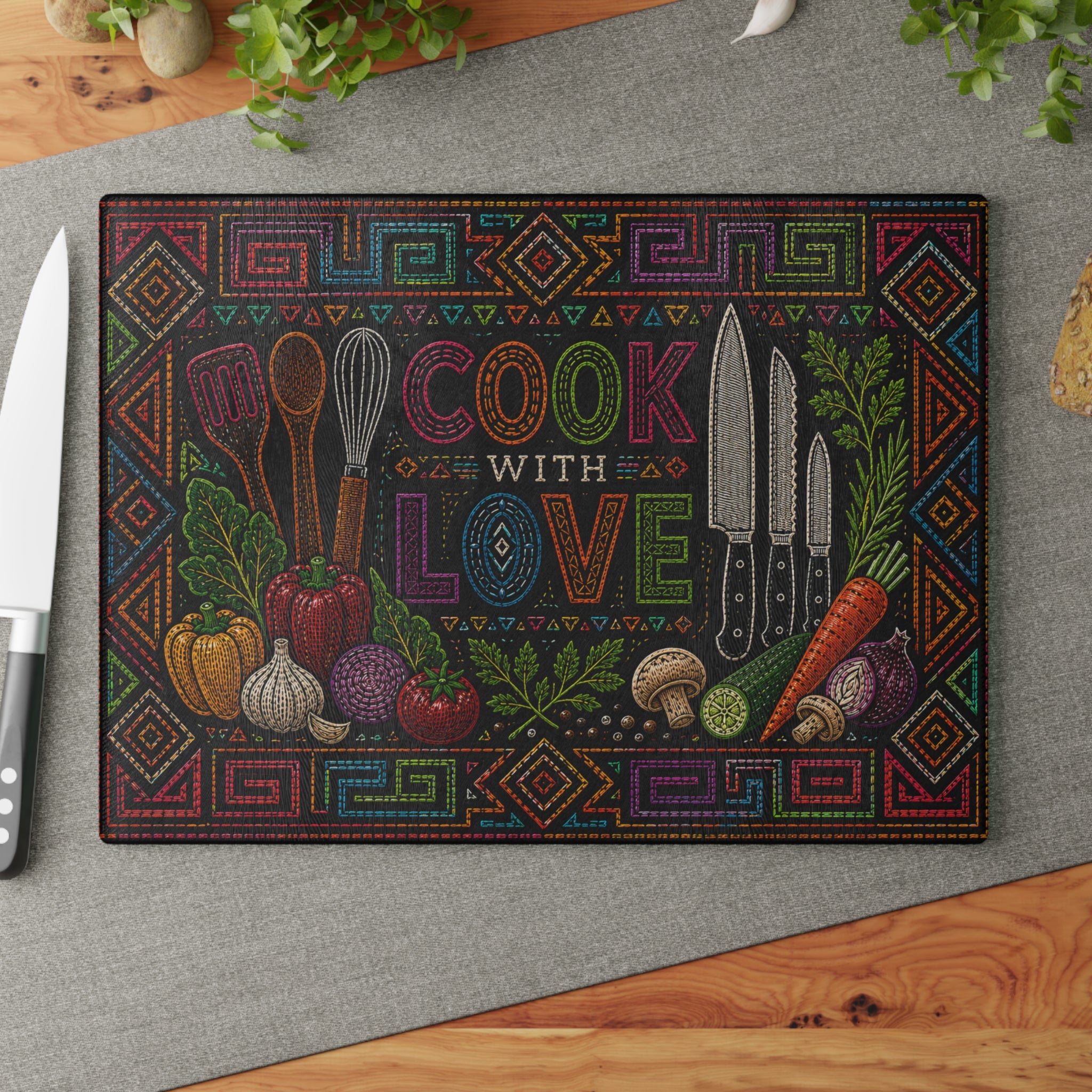 Cook With Love Glass Cutting Board — Colorful Kitchen Knife & Veggie Chopping Board