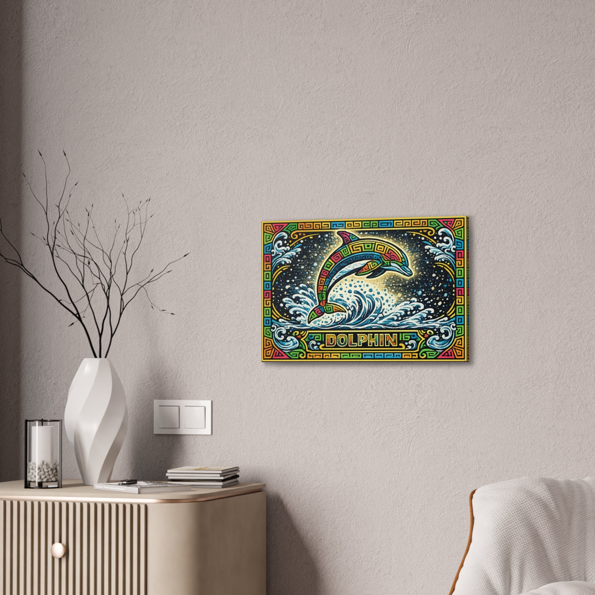 Dolphin Mosaic Canvas Print — Colorful Leaping Dolphin Wall Art