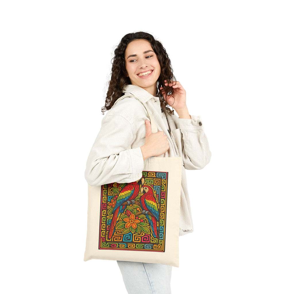Canvas Tote Bag — Colorful Parrot Floral Print, Boho Tropical Market Bag