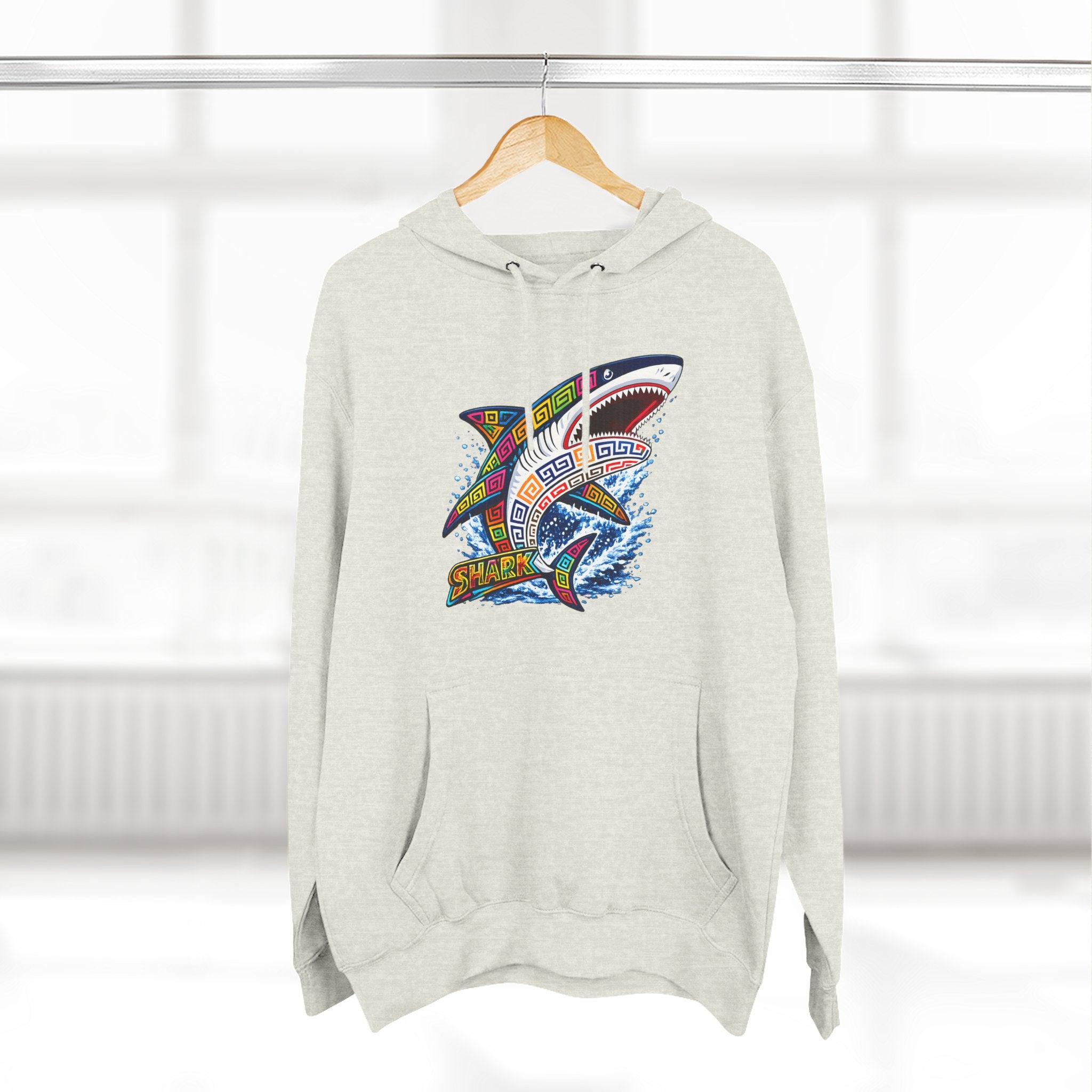 Shark Graphic Hoodie — Colorful Tribal Surf Shark Fleece Pullover