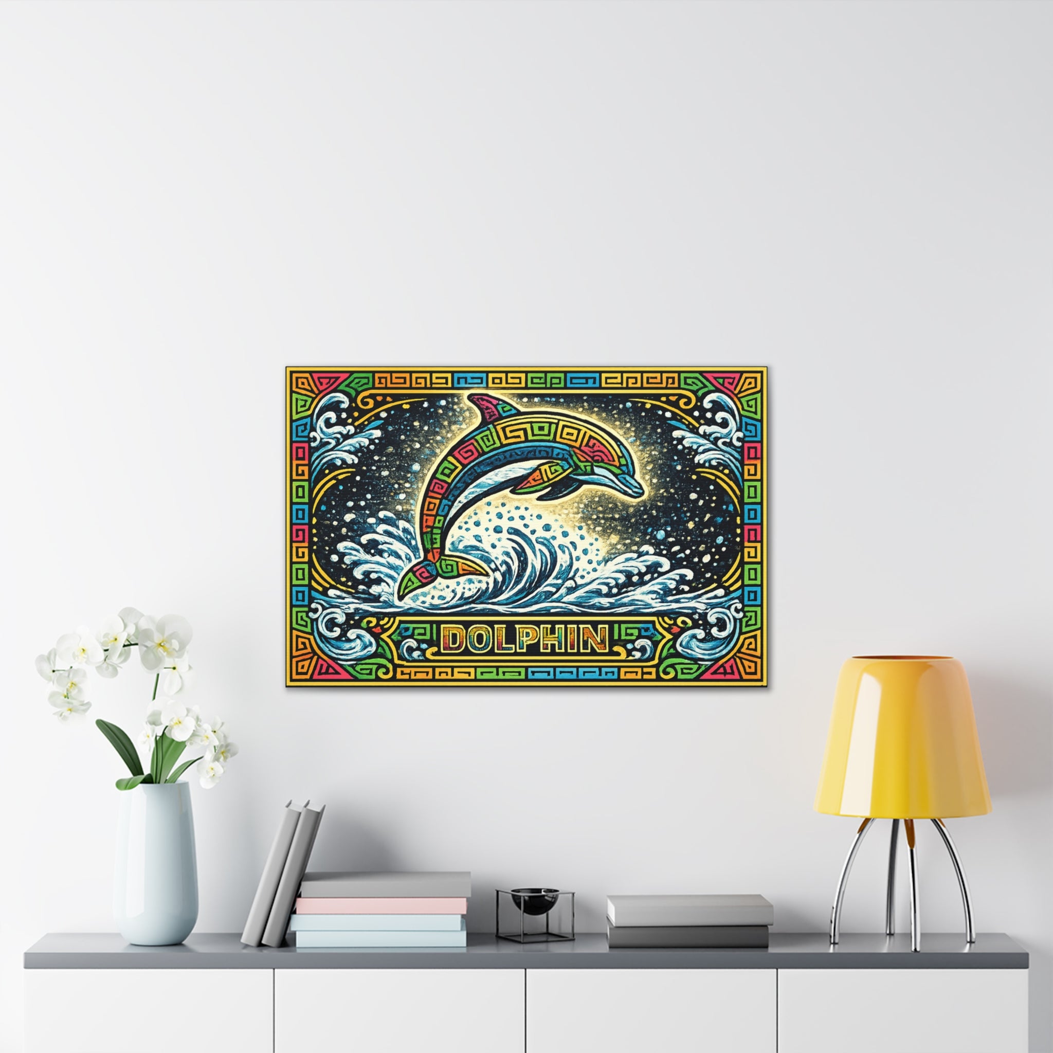 Dolphin Mosaic Canvas Print — Colorful Leaping Dolphin Wall Art