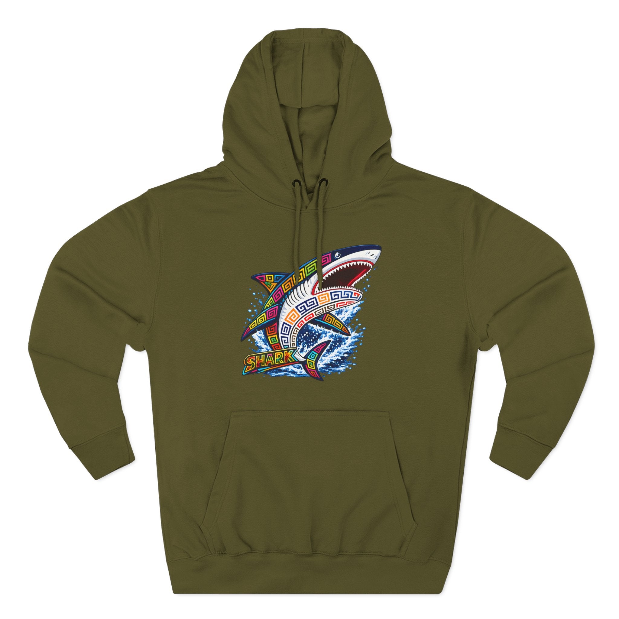 Shark Graphic Hoodie — Colorful Tribal Surf Shark Fleece Pullover