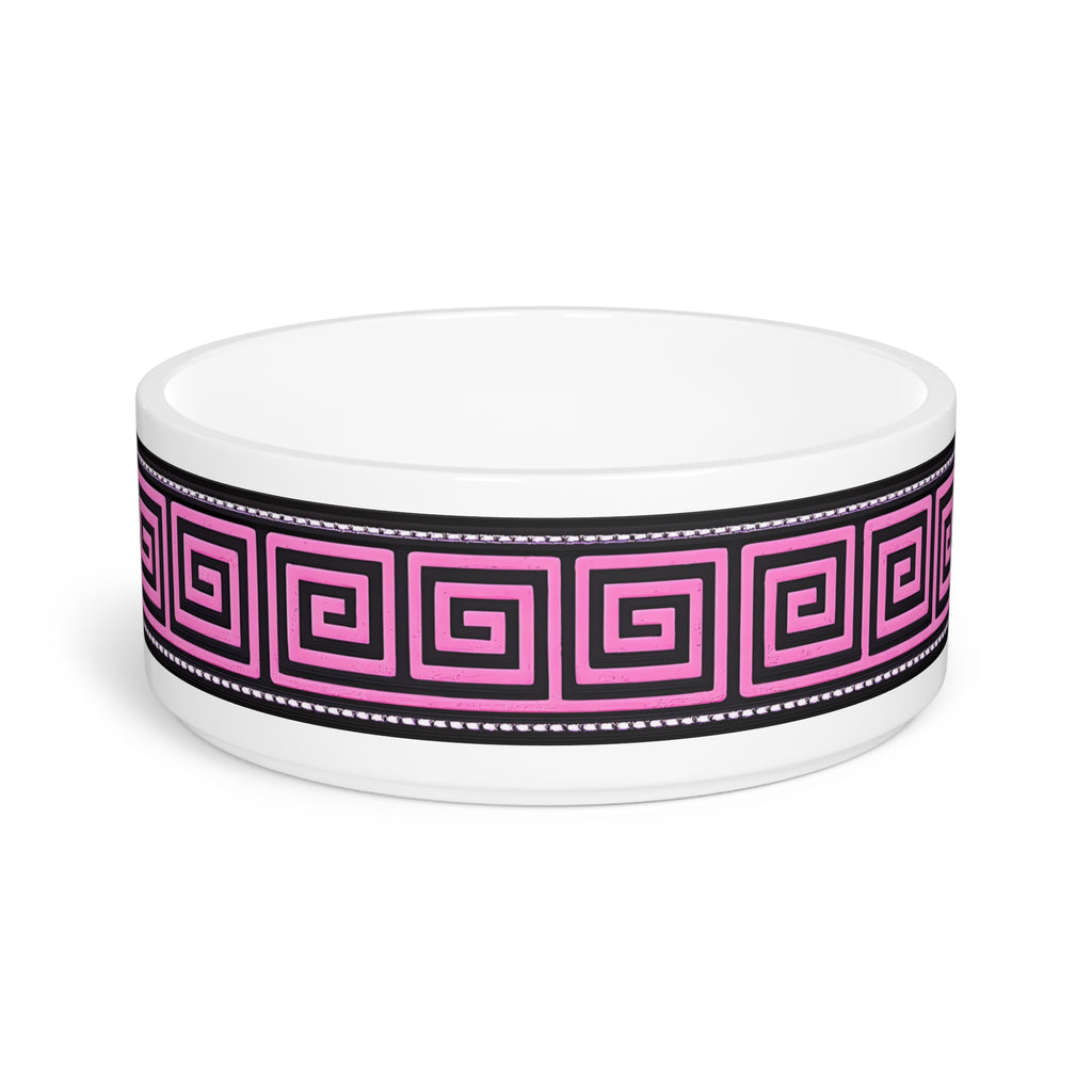 Green Greek Key Ceramic Pet Bowl — Modern Geometric Dog & Cat Dish