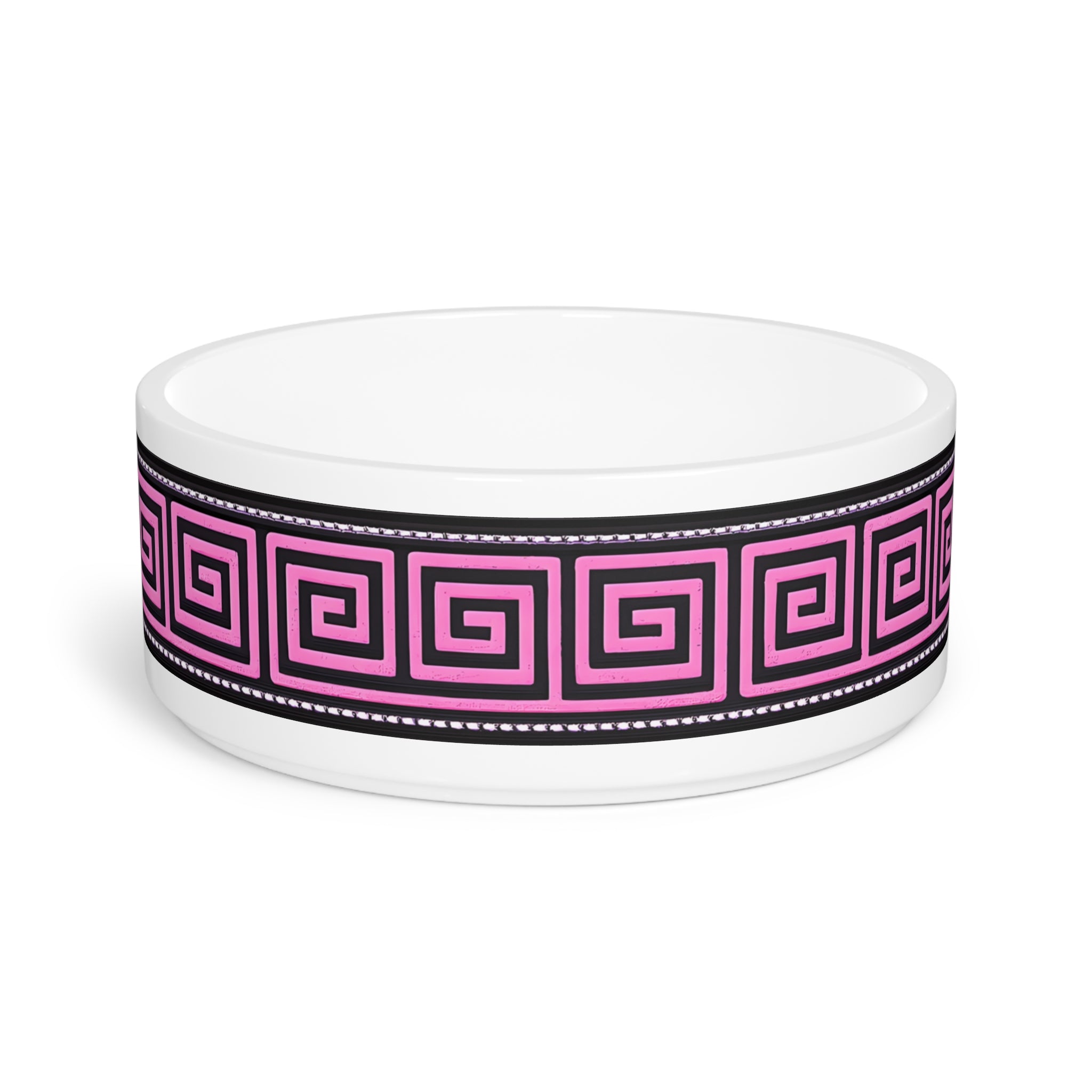 Green Greek Key Ceramic Pet Bowl — Modern Geometric Dog & Cat Dish