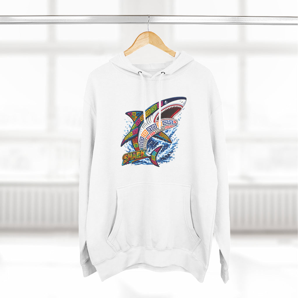 Shark Graphic Hoodie — Colorful Tribal Surf Shark Fleece Pullover