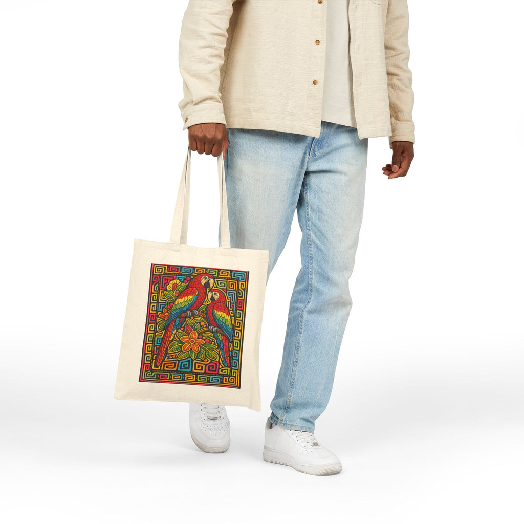 Canvas Tote Bag — Colorful Parrot Floral Print, Boho Tropical Market Bag