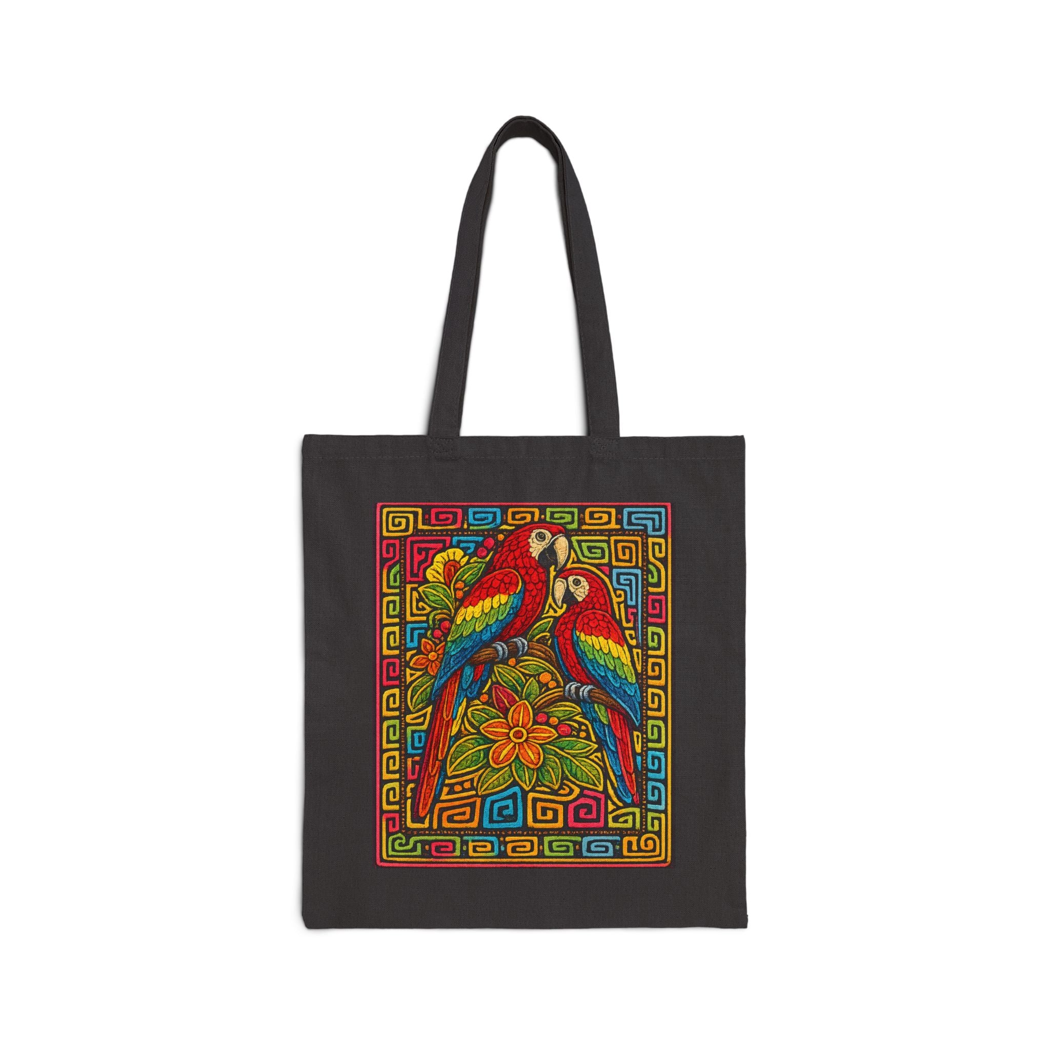 Canvas Tote Bag — Colorful Parrot Floral Print, Boho Tropical Market Bag