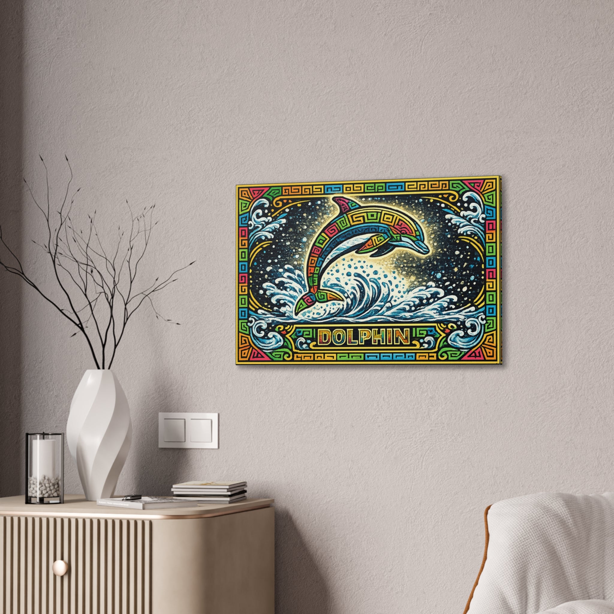 Dolphin Mosaic Canvas Print — Colorful Leaping Dolphin Wall Art