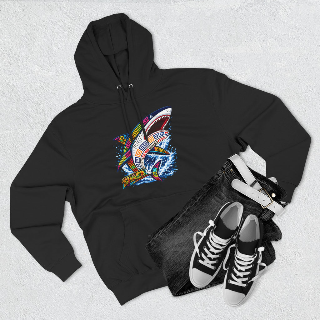 Shark Graphic Hoodie — Colorful Tribal Surf Shark Fleece Pullover